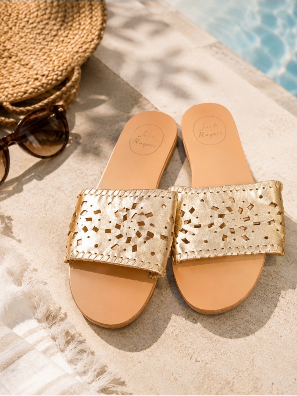 Jack Rogers Metallic Gold Perforated Leather Slide Mules sandals slippers 8.5